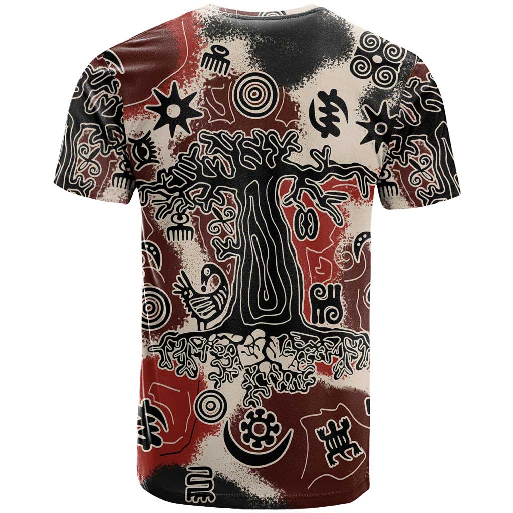 Sacred Heritage T-Shirt African Abstract Baobab Tree, Ethnic Symbols, and Red-Black Pattern Graphic Tee