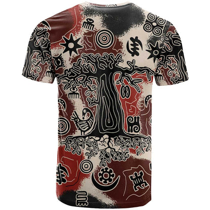 Sacred Heritage T-Shirt African Abstract Baobab Tree, Ethnic Symbols, and Red-Black Pattern Graphic Tee