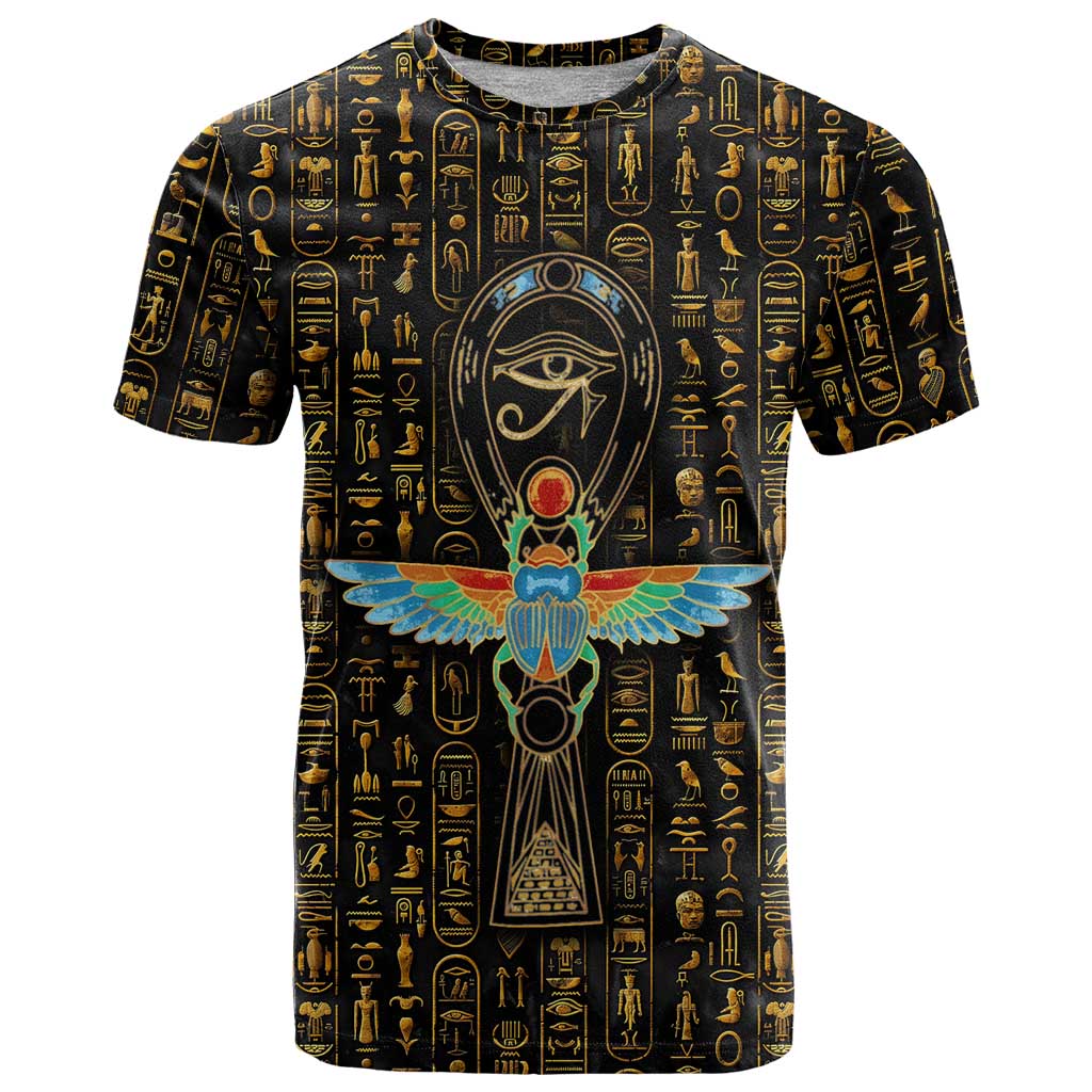 Ancient Pride T-Shirt African Hieroglyphic Pattern, Eye of Horus, and Sacred Scarab Symbol Graphic Tee