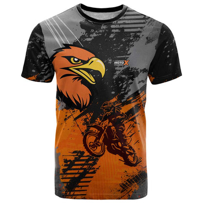 Custom MotoX Eagle Strike Motocross T-Shirt with Rider Silhouette and Orange Grunge Design Graphic Tee