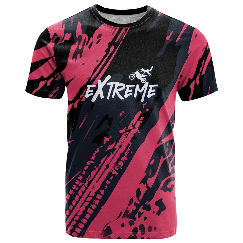 Custom Extreme Motocross Pink T-Shirt with Bold Tire Track Graphics Graphic Tee
