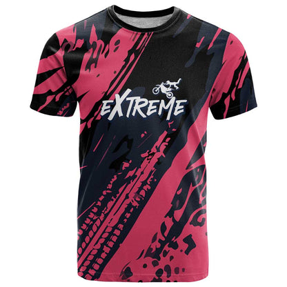 Custom Extreme Motocross Pink T-Shirt with Bold Tire Track Graphics Graphic Tee