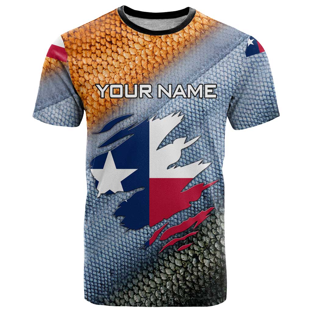 Custom Texas Flag T-Shirt with Ripped Effect and Fish Scale Pattern Graphic Tee