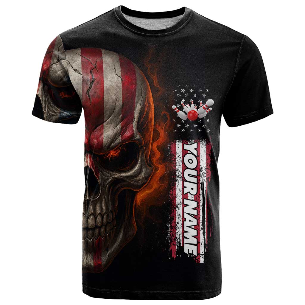 Custom American Flag Skull T-Shirt with Bowling Pins Flame Effect and Grunge Pattern Graphic Tee