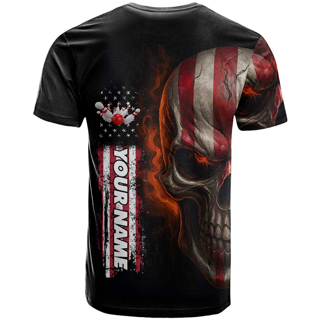 Custom American Flag Skull T-Shirt with Bowling Pins Flame Effect and Grunge Pattern Graphic Tee