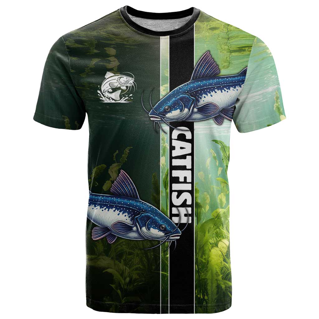 Custom Catfish Fishing T-Shirt with Underwater River Scene and Green Aquatic Pattern Graphic Tee