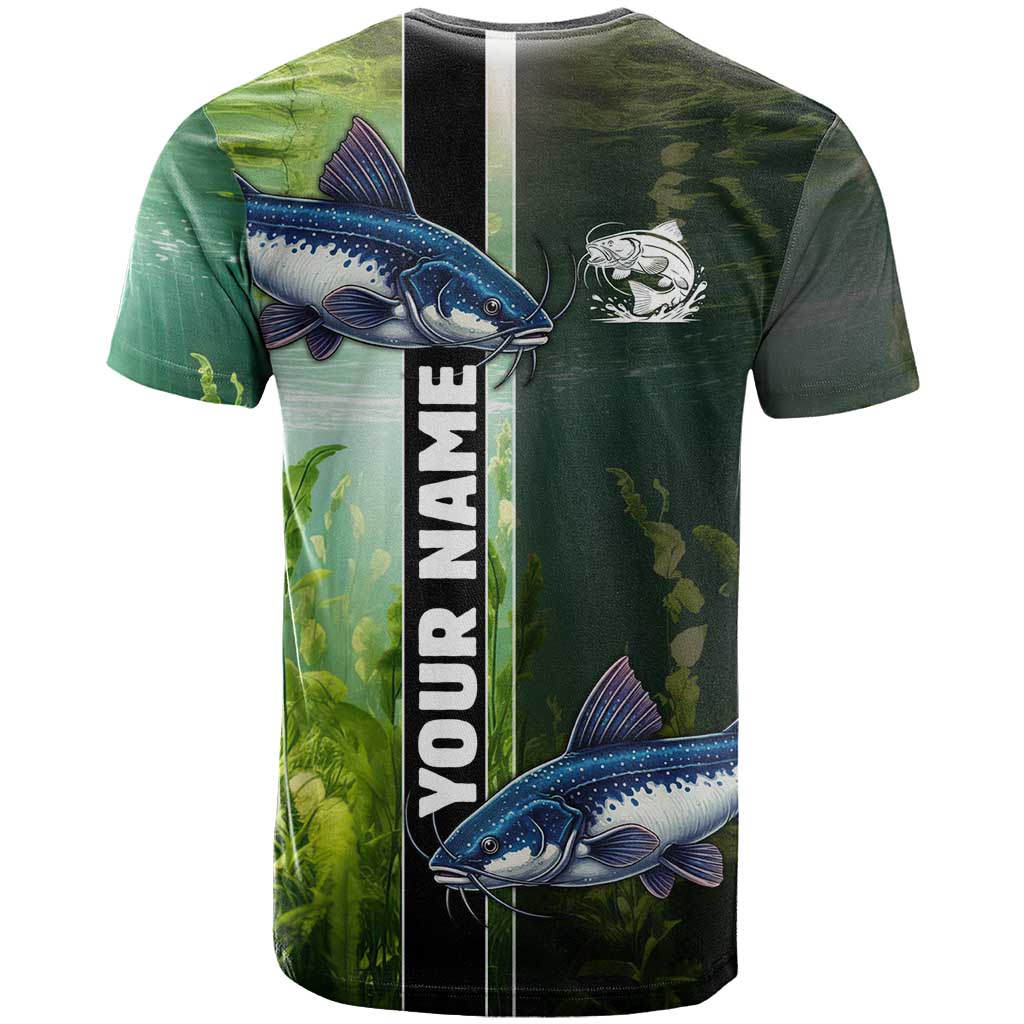 Custom Catfish Fishing T-Shirt with Underwater River Scene and Green Aquatic Pattern Graphic Tee