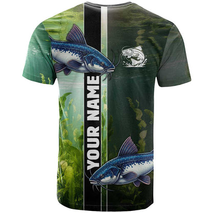 Custom Catfish Fishing T-Shirt with Underwater River Scene and Green Aquatic Pattern Graphic Tee