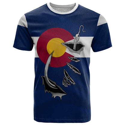 Custom Fishing Hook T-Shirt with Colorado Flag Theme and Blue White Graphic Pattern Graphic Tee
