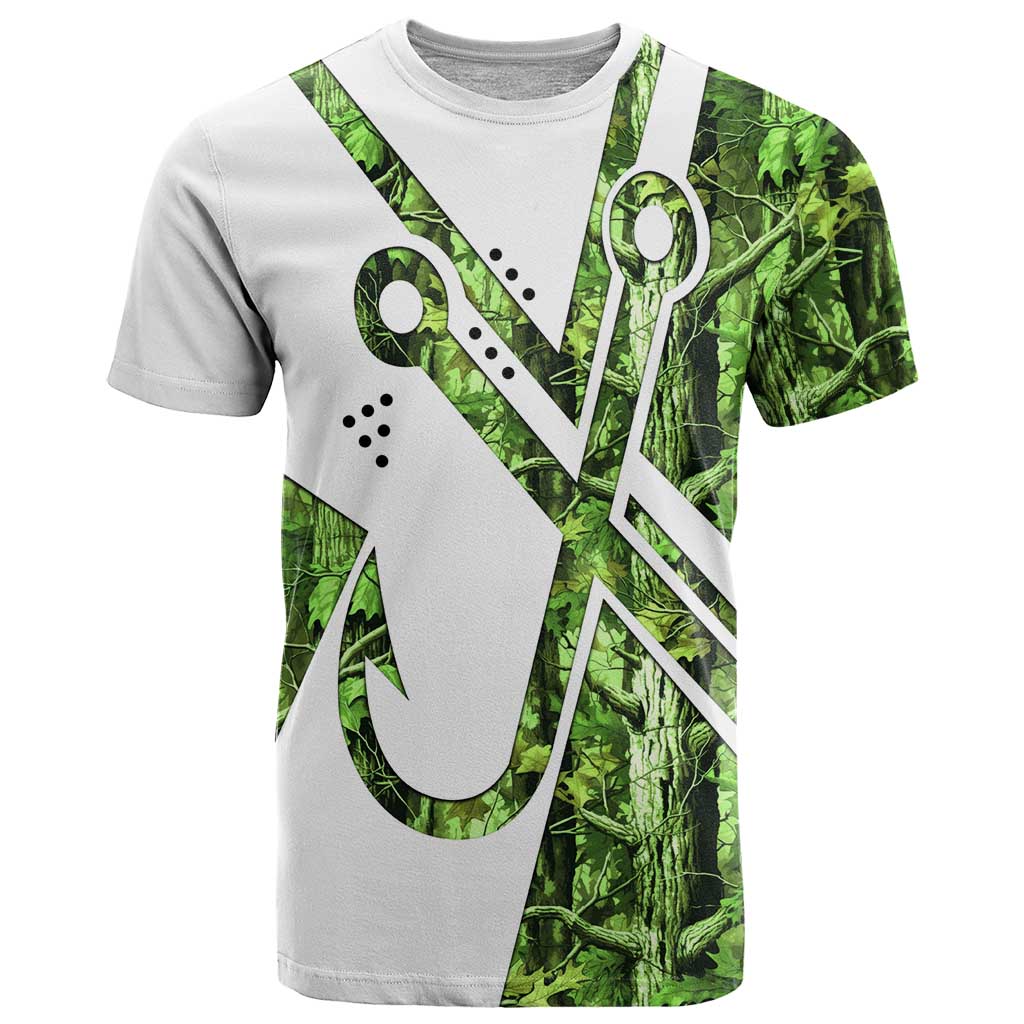Custom Fishing Hook T-Shirt with Green Jungle Leaf Pattern and White Split Design Graphic Tee