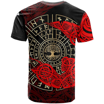 Yggdrasil T-Shirt with Red Norse Dragon and Runes Viking Heritage Tribute Graphic Tee