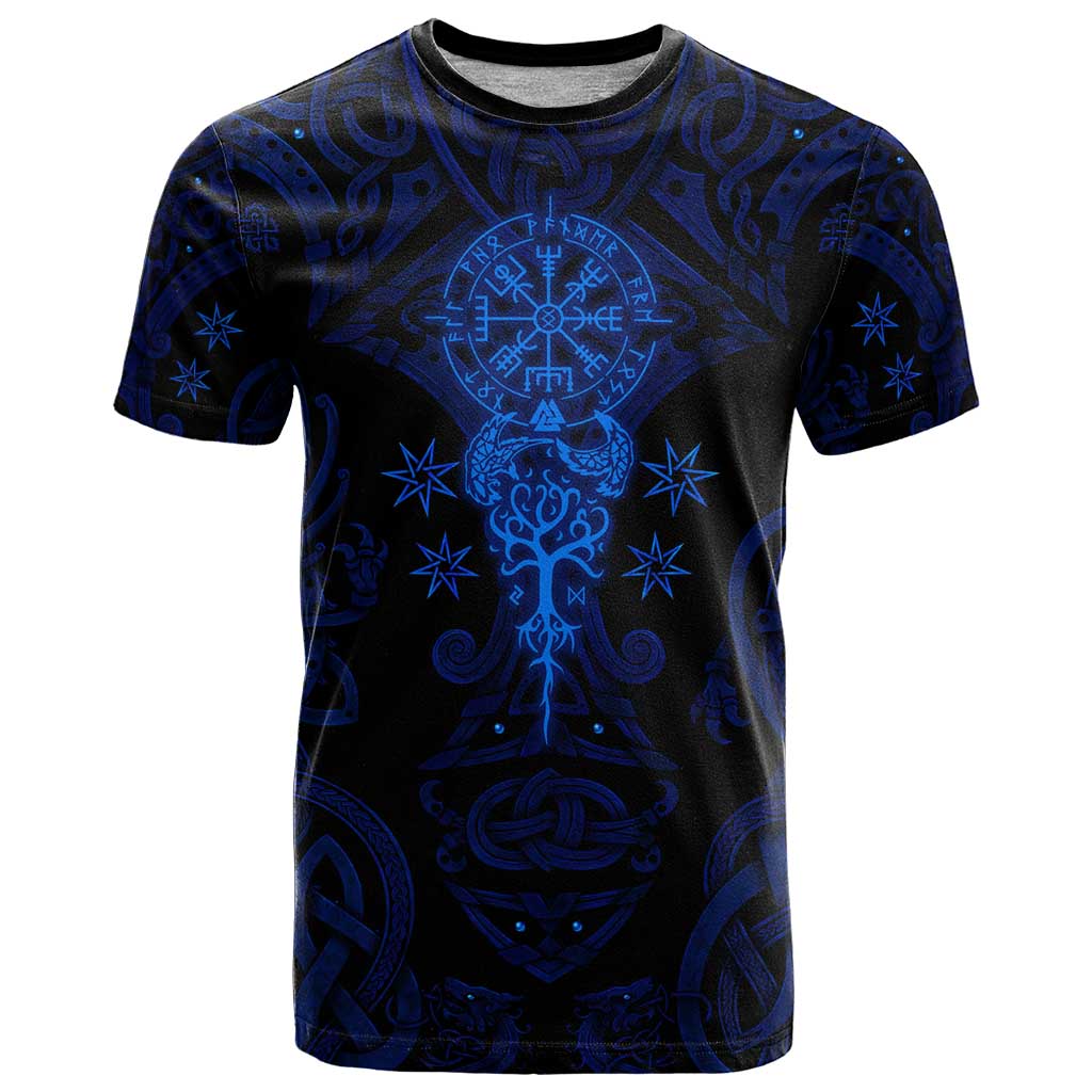 Vikings Skull T-Shirt with Horned Helmet, Blue Axes and Runes Norse Warrior Tribute Graphic Tee