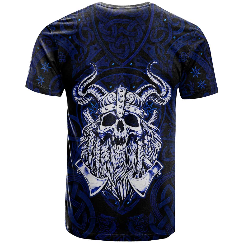 Vikings Skull T-Shirt with Horned Helmet, Blue Axes and Runes Norse Warrior Tribute Graphic Tee