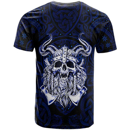 Vikings Skull T-Shirt with Horned Helmet, Blue Axes and Runes Norse Warrior Tribute Graphic Tee