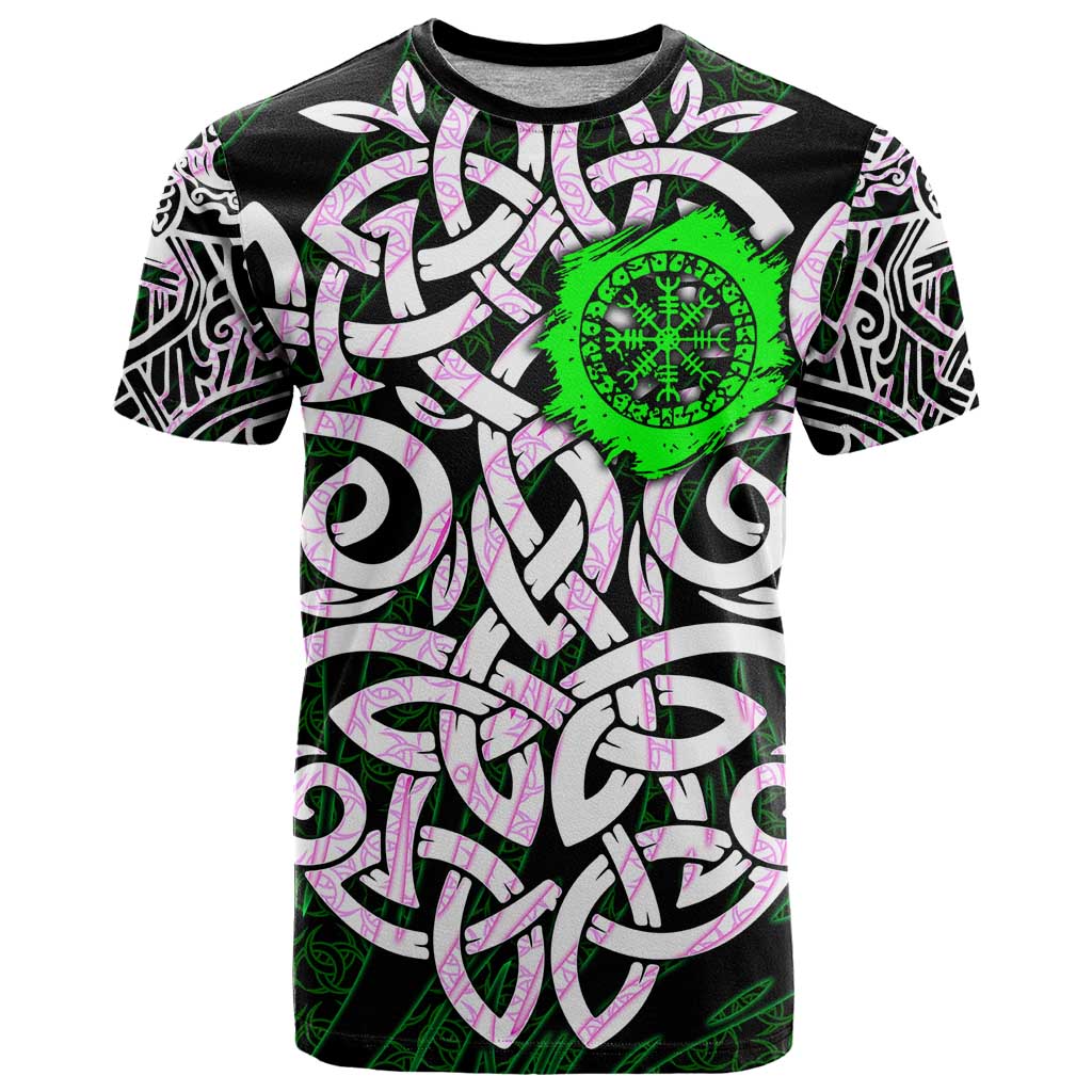Vegvisir T-Shirt with Green Dragons and Norse Knots Viking Protection Tribute Graphic Tee