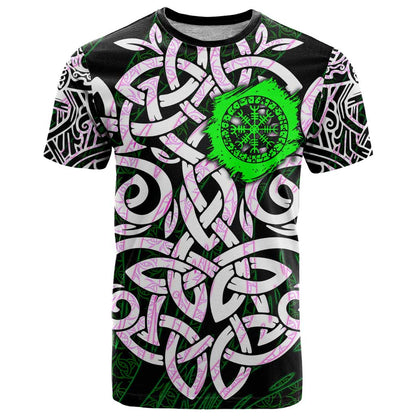 Vegvisir T-Shirt with Green Dragons and Norse Knots Viking Protection Tribute Graphic Tee