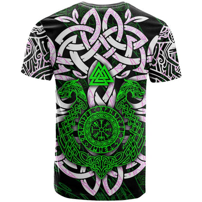Vegvisir T-Shirt with Green Dragons and Norse Knots Viking Protection Tribute Graphic Tee
