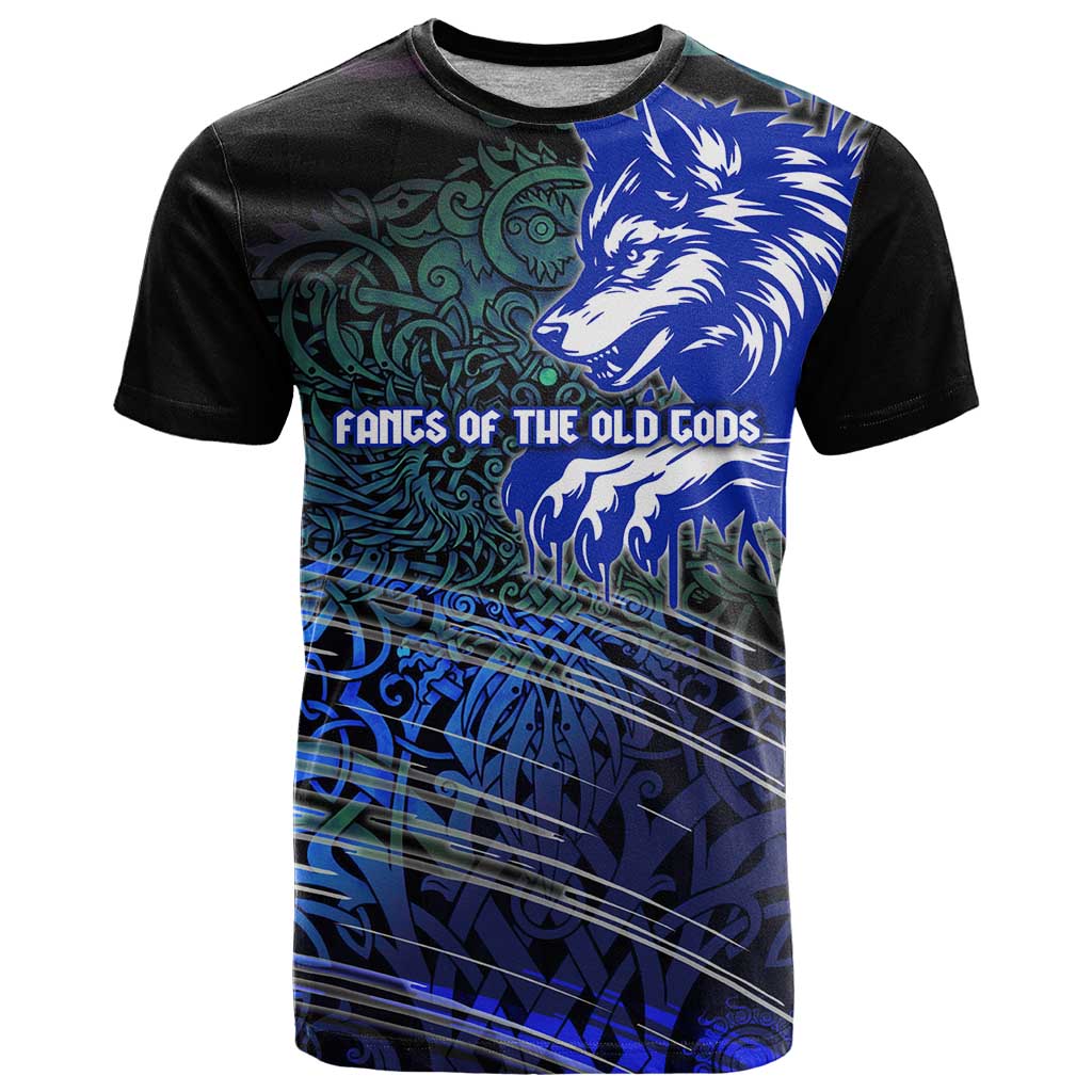 Fenrir T-Shirt with Blue Wolf, Runes and Ragnarok End of Gods Tribute Graphic Tee