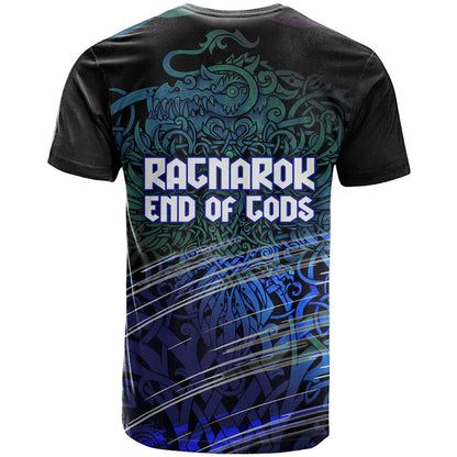 Fenrir T-Shirt with Blue Wolf, Runes and Ragnarok End of Gods Tribute Graphic Tee