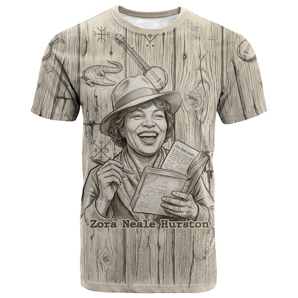 Zora Neale Hurston T-Shirt Rustic Wood Engraved Style Illustration Joyful Portrait with Book and Map Donkey Graphic Tee