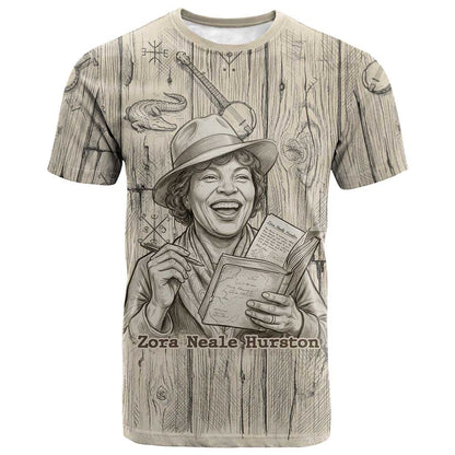 Zora Neale Hurston T-Shirt Rustic Wood Engraved Style Illustration Joyful Portrait with Book and Map Donkey Graphic Tee