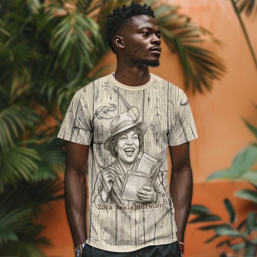 Zora Neale Hurston T-Shirt Rustic Wood Engraved Style Illustration Joyful Portrait with Book and Map Donkey Graphic Tee