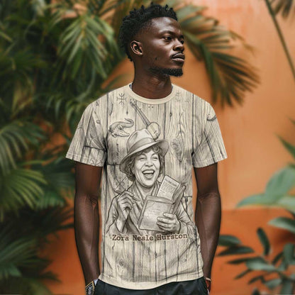 Zora Neale Hurston T-Shirt Rustic Wood Engraved Style Illustration Joyful Portrait with Book and Map Donkey Graphic Tee