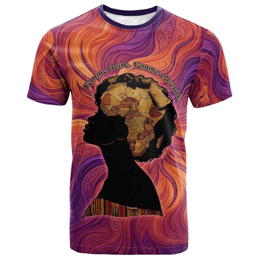 Léopold Sédar Senghor T-Shirt Femme Noire Silhouette with Africa Map Pattern Vibrant Swirl Background Graphic Tee