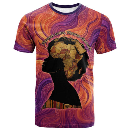 Léopold Sédar Senghor T-Shirt Femme Noire Silhouette with Africa Map Pattern Vibrant Swirl Background Graphic Tee