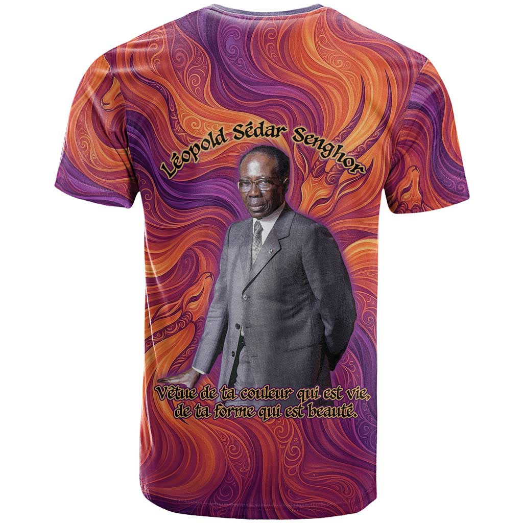 Léopold Sédar Senghor T-Shirt Femme Noire Silhouette with Africa Map Pattern Vibrant Swirl Background Graphic Tee