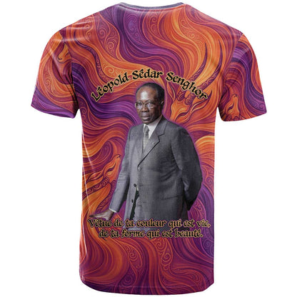 Léopold Sédar Senghor T-Shirt Femme Noire Silhouette with Africa Map Pattern Vibrant Swirl Background Graphic Tee