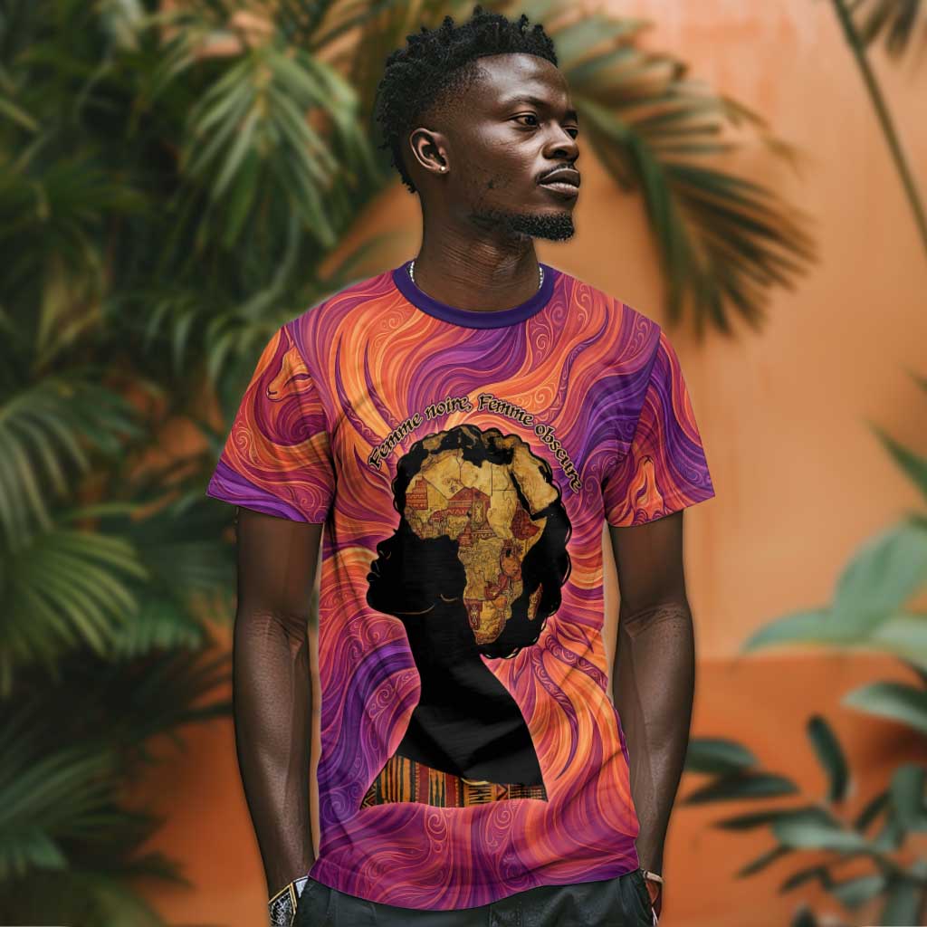 Léopold Sédar Senghor T-Shirt Femme Noire Silhouette with Africa Map Pattern Vibrant Swirl Background Graphic Tee