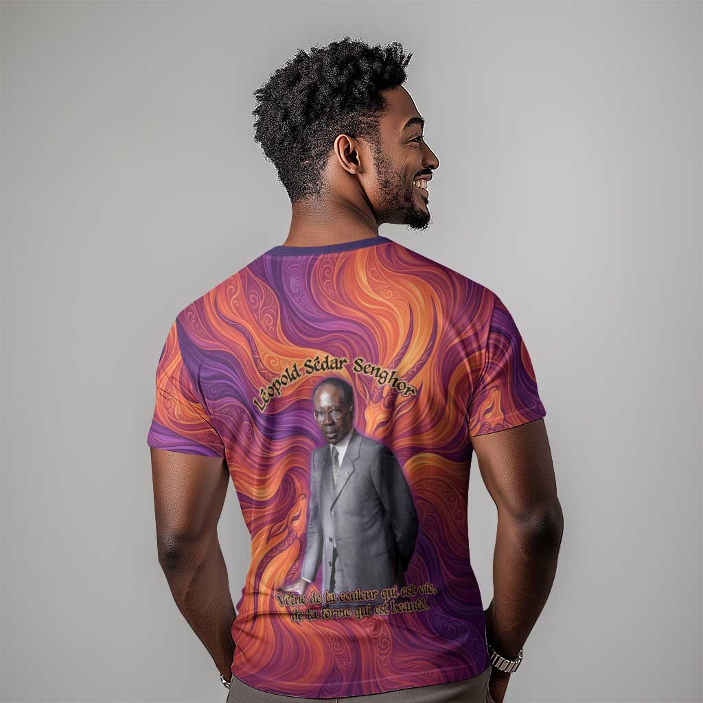 Léopold Sédar Senghor T-Shirt Femme Noire Silhouette with Africa Map Pattern Vibrant Swirl Background Graphic Tee