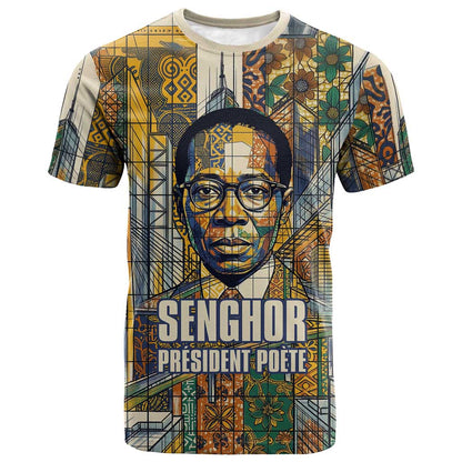 Léopold Sédar Senghor T-Shirt President Poete Portrait Futuristic African Robotic Handshake Earth and Flowers Unity Graphic Tee
