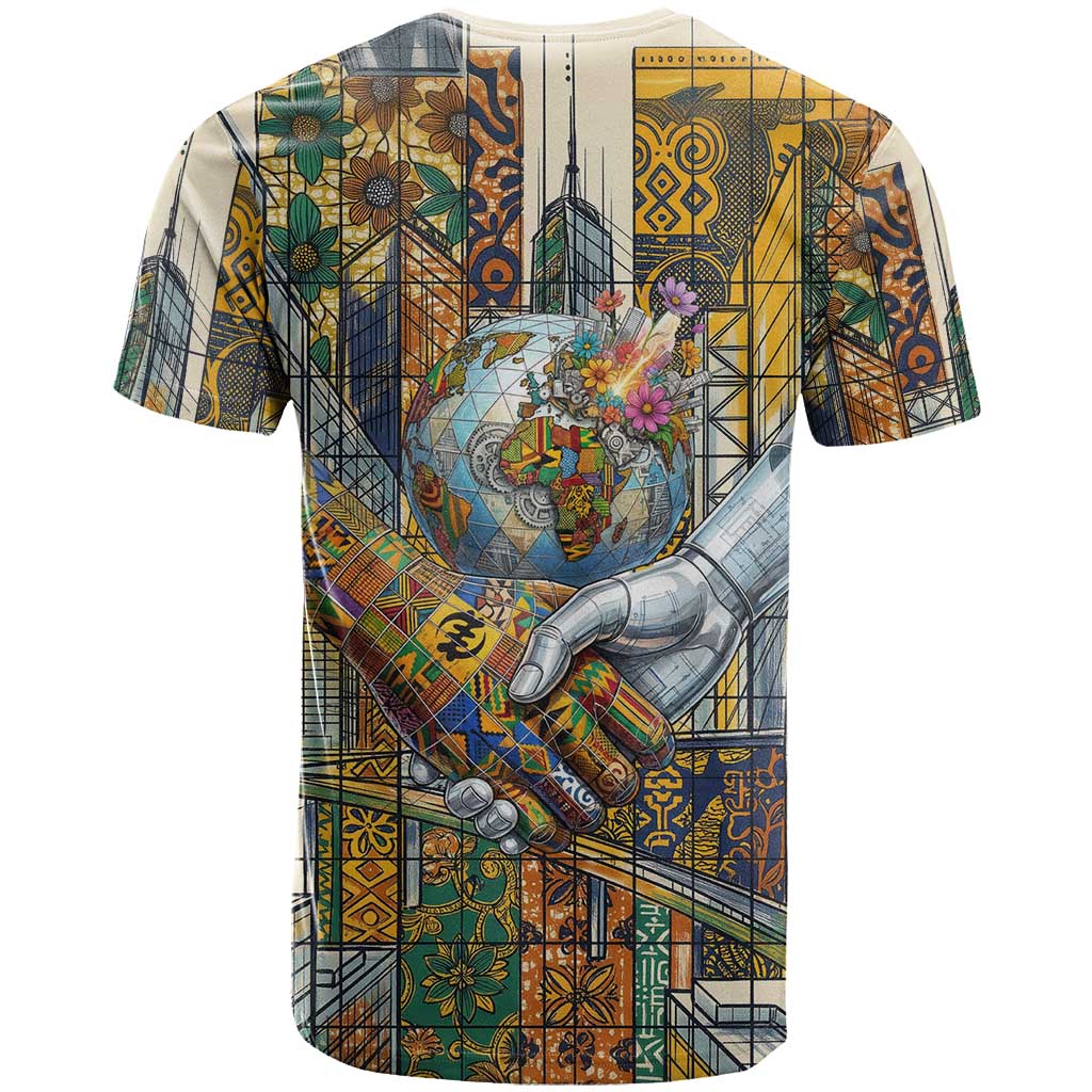 Léopold Sédar Senghor T-Shirt President Poete Portrait Futuristic African Robotic Handshake Earth and Flowers Unity Graphic Tee