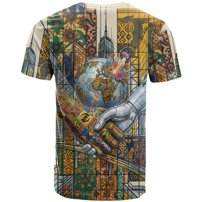 Léopold Sédar Senghor T-Shirt President Poete Portrait Futuristic African Robotic Handshake Earth and Flowers Unity Graphic Tee