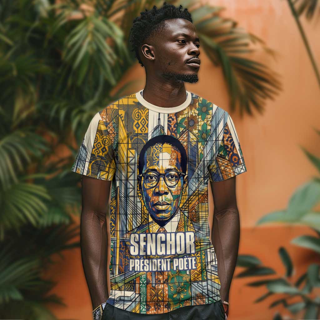 Léopold Sédar Senghor T-Shirt President Poete Portrait Futuristic African Robotic Handshake Earth and Flowers Unity Graphic Tee