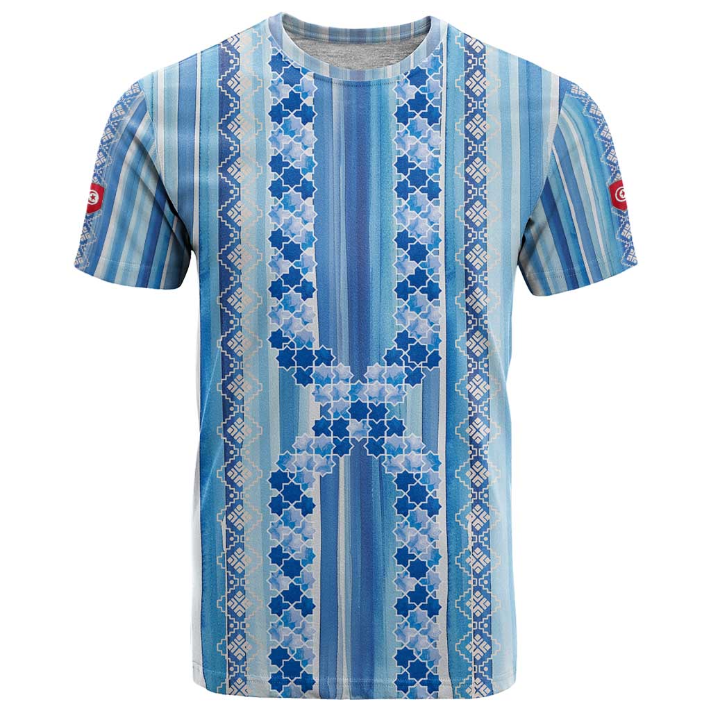 Tunisian Mosaic Pattern T-Shirt with Blue Stripes and Traditional Tile Design Graphic Tee