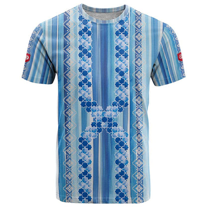Tunisian Mosaic Pattern T-Shirt with Blue Stripes and Traditional Tile Design Graphic Tee