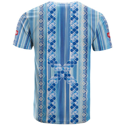 Tunisian Mosaic Pattern T-Shirt with Blue Stripes and Traditional Tile Design Graphic Tee