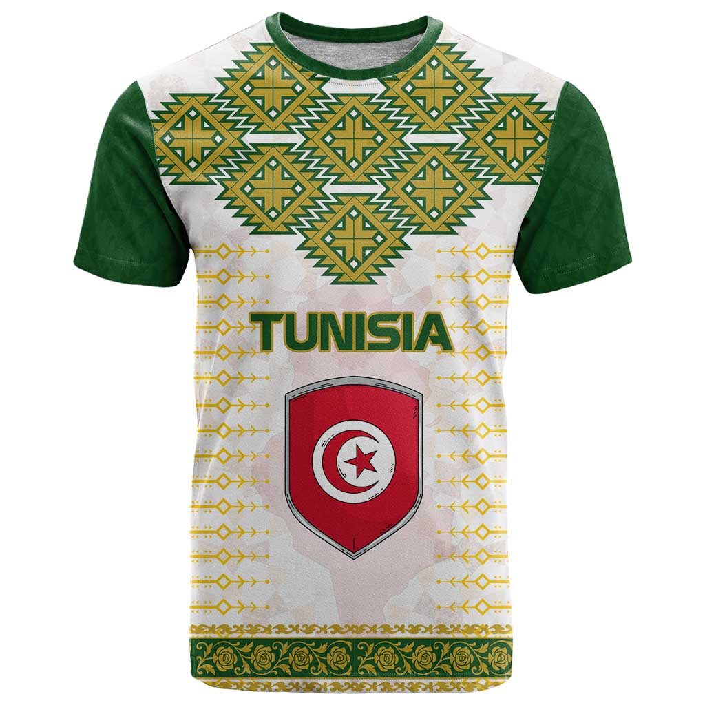 Tunisia Flag Traditional Tribal Pattern Green and White Pullover T-Shirt with National Crest and Emblem Graphic Tee