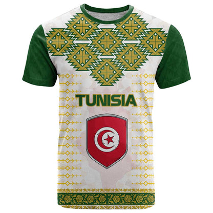 Tunisia Flag Traditional Tribal Pattern Green and White Pullover T-Shirt with National Crest and Emblem Graphic Tee