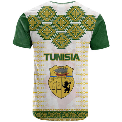 Tunisia Flag Traditional Tribal Pattern Green and White Pullover T-Shirt with National Crest and Emblem Graphic Tee