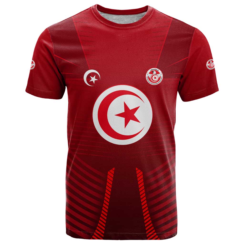 Tunisia National Flag T-Shirt with Crescent Star Emblem and Red Sport Design Graphic Tee