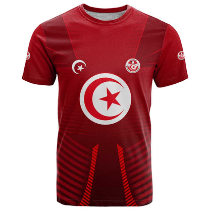 Tunisia National Flag T-Shirt with Crescent Star Emblem and Red Sport Design Graphic Tee