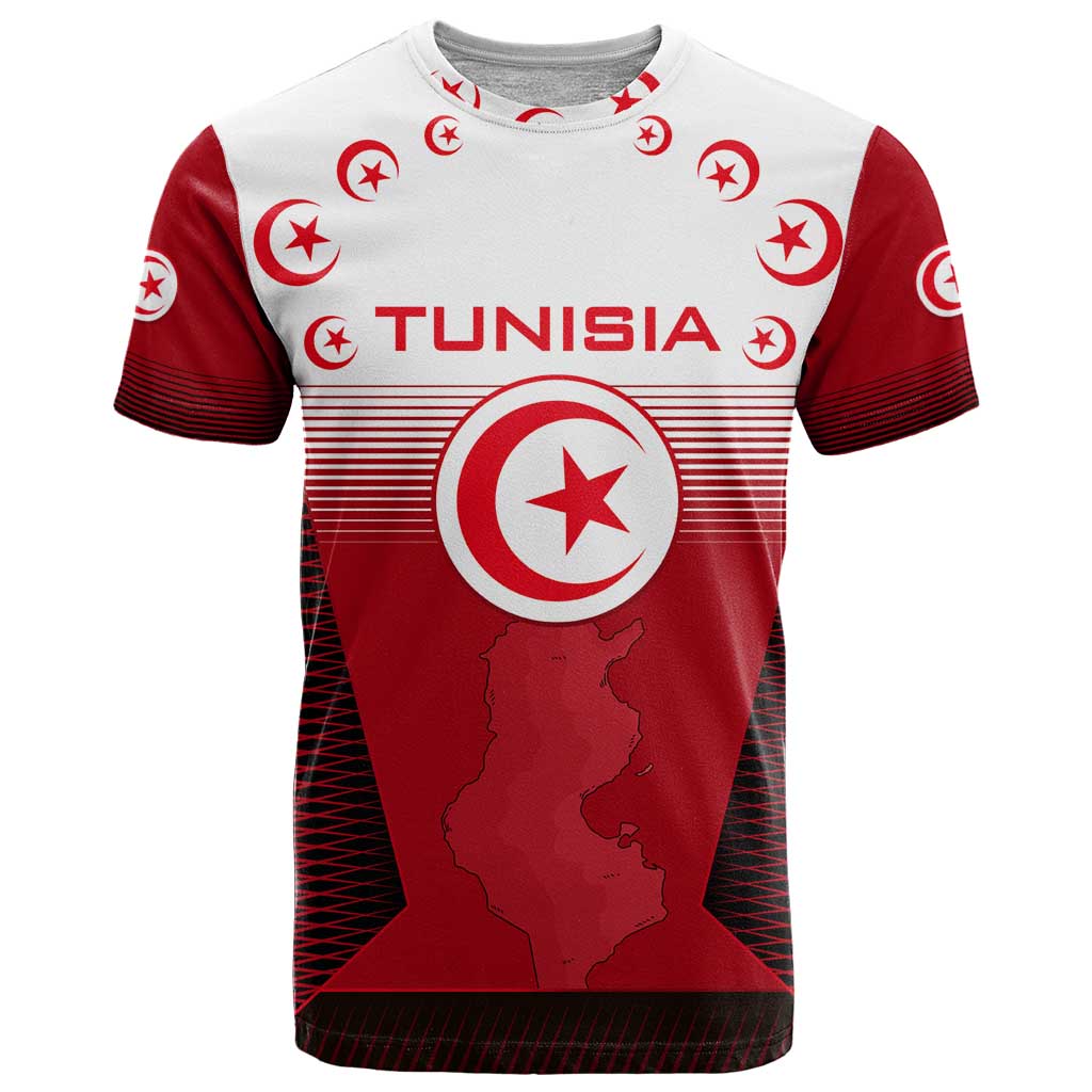 Tunisia Patriotic T-Shirt with National Crest, Crescent Star and Country Map Graphic Tee