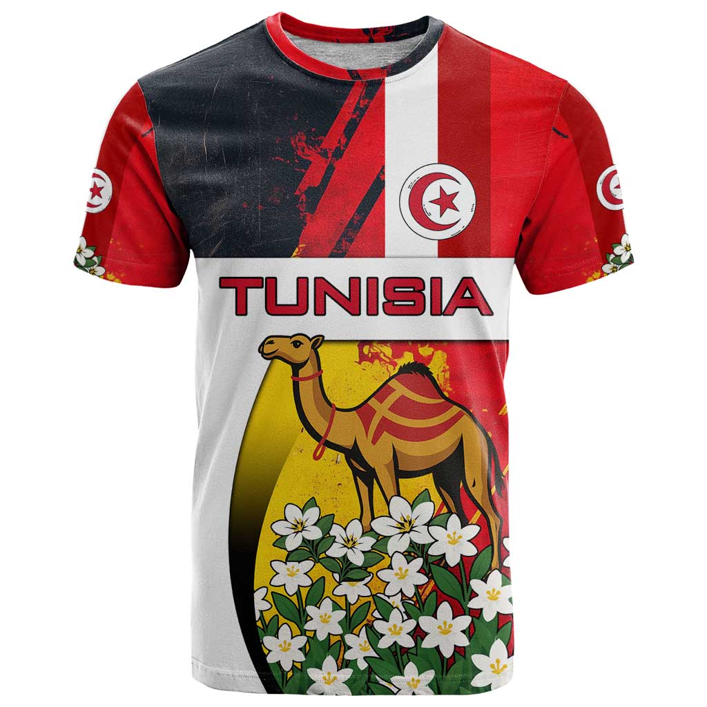 Tunisia T-Shirt with Camel, Jasmine Flowers, and National Flag Design Graphic Tee