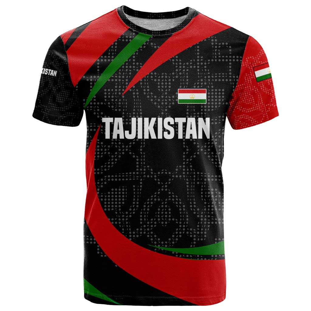 Tajikistan National Emblem T-Shirt with Black Red Green Tribal Pattern Graphic Tee