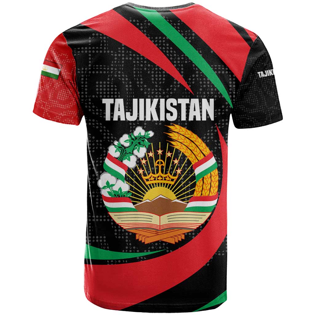 Tajikistan National Emblem T-Shirt with Black Red Green Tribal Pattern Graphic Tee