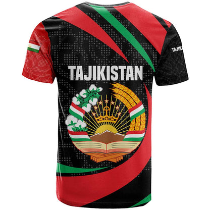Tajikistan National Emblem T-Shirt with Black Red Green Tribal Pattern Graphic Tee